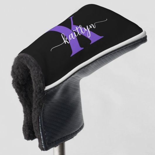Zwarte Paarse Script Monogram Golfheadcover (3/4 voorkant)