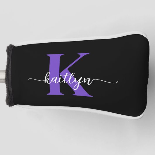 Zwarte Paarse Script Monogram Golfheadcover (Voorkant)