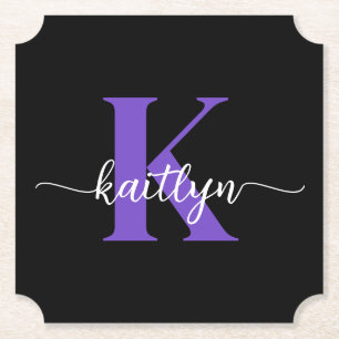 Zwarte Paarse Script Monogram Kartonnen Onderzetters