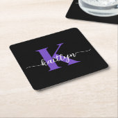 Zwarte Paarse Script Monogram Kartonnen Onderzetters (Schuin)