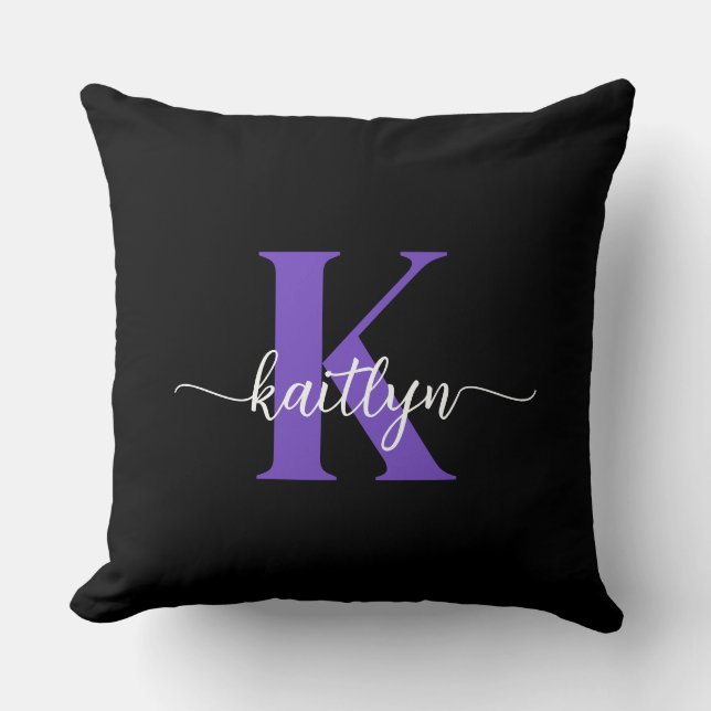 Zwarte Paarse Script Monogram Kussen (Voorkant)