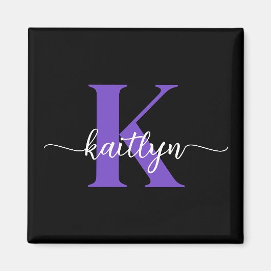 Zwarte Paarse Script Monogram Magneet (Voorkant)