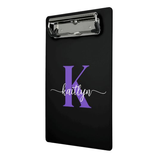 Zwarte Paarse Script Monogram Mini Klembord (Angled2)