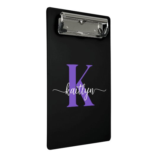 Zwarte Paarse Script Monogram Mini Klembord (Schuin)