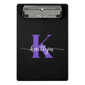Zwarte Paarse Script Monogram Mini Klembord (Voorkant)