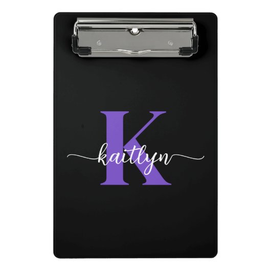 Zwarte Paarse Script Monogram Mini Klembord (Voorkant)