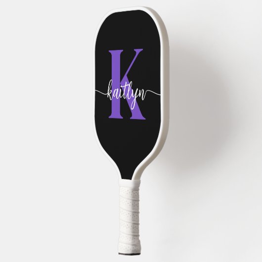 Zwarte Paarse Script Monogram Pickleball Paddle (Links)