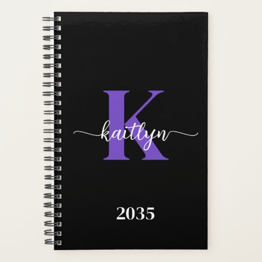 Zwarte Paarse Script Monogram Planner (Voorkant)