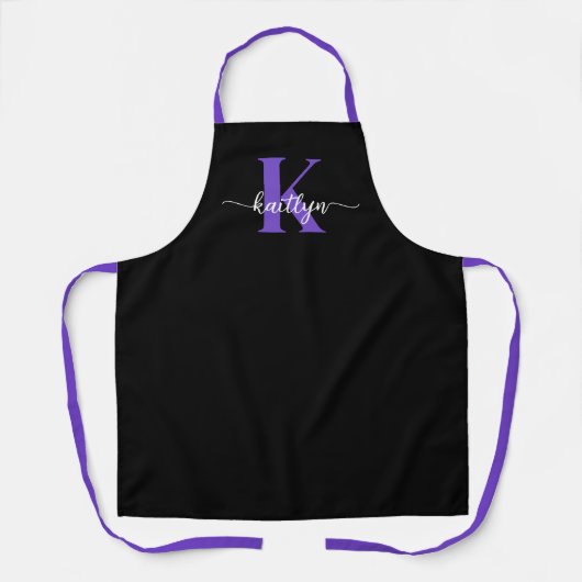 Zwarte Paarse Script Monogram Schort (Voorkant)