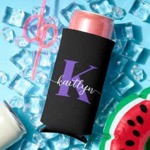Zwarte Paarse Script Monogram Seltzer Blikjeskoeler