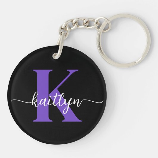 Zwarte Paarse Script Monogram Sleutelhanger (Achterkant)