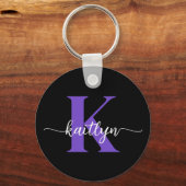 Zwarte Paarse Script Monogram Sleutelhanger (Voorkant)