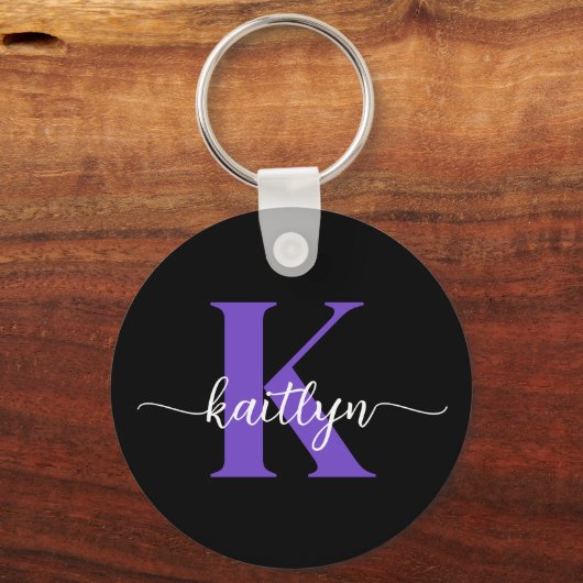 Zwarte Paarse Script Monogram Sleutelhanger (Voorkant)