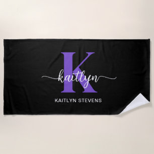 Zwarte Paarse Script Monogram Strandlaken