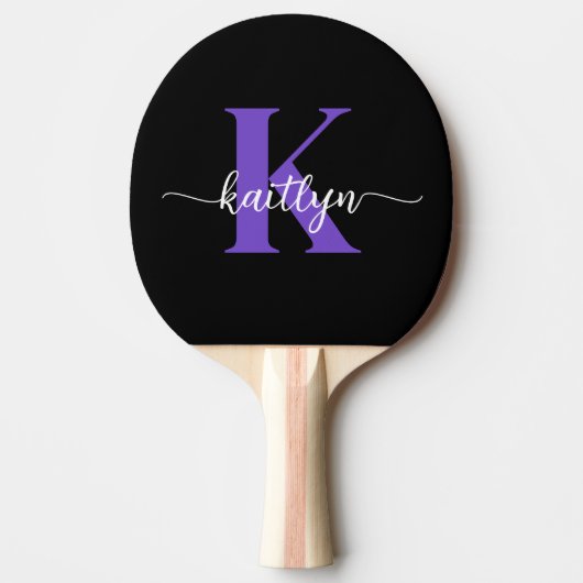 Zwarte Paarse Script Monogram Tafeltennisbatje (Voorkant)