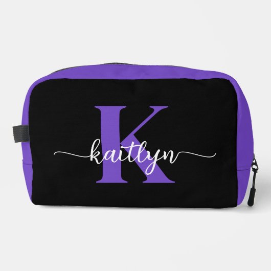 Zwarte Paarse Script Monogram Toilettasje (Voorkant)