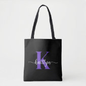 Zwarte Paarse Script Monogram Tote Bag (Voorkant)