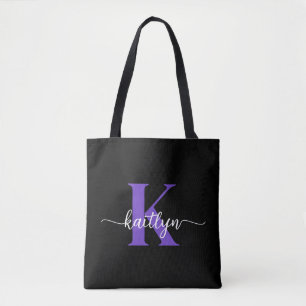 Zwarte Paarse Script Monogram Tote Bag