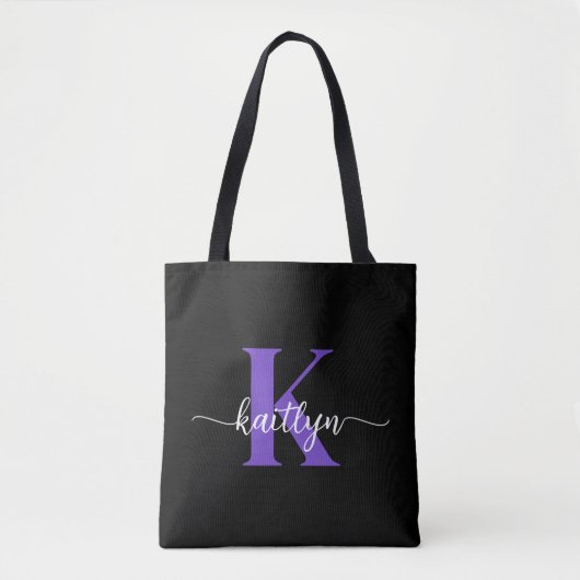 Zwarte Paarse Script Monogram Tote Bag (Voorkant)