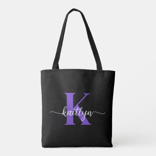 Zwarte Paarse Script Monogram Tote Bag (Achterkant)