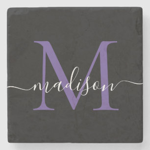 Zwarte Paarse Violet Monogram Feminine Script Name Stenen Onderzetter
