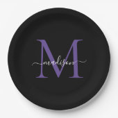Zwarte Paarse Violet Monogram Moderne Elegante Scr Papieren Bordje (Voorkant)