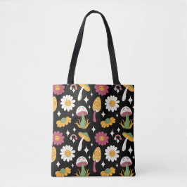 Zwarte Paddestoel, Regenboog en Daisies Patroon Tote Bag