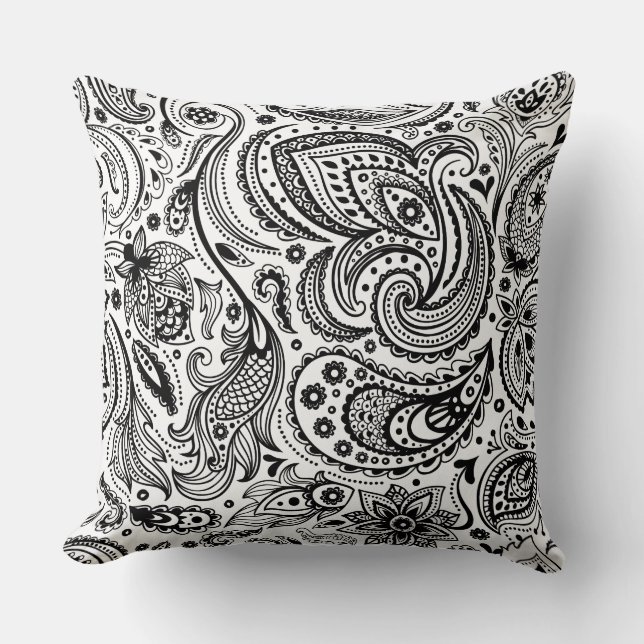 Zwarte Paisley Custom Witte Achtergrond Kussen (Voorkant)