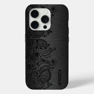 Zwarte paisley kant Grijze metallic achtergrond iPhone 15 Pro Case