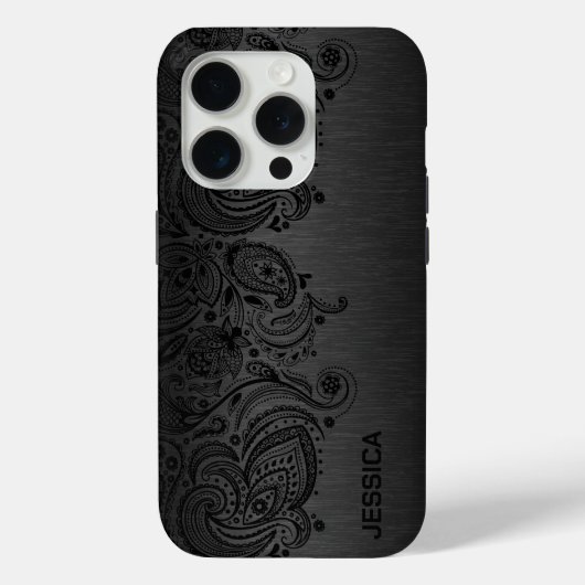 Zwarte paisley kant Grijze metallic achtergrond Case-Mate iPhone Case (Achterkant)