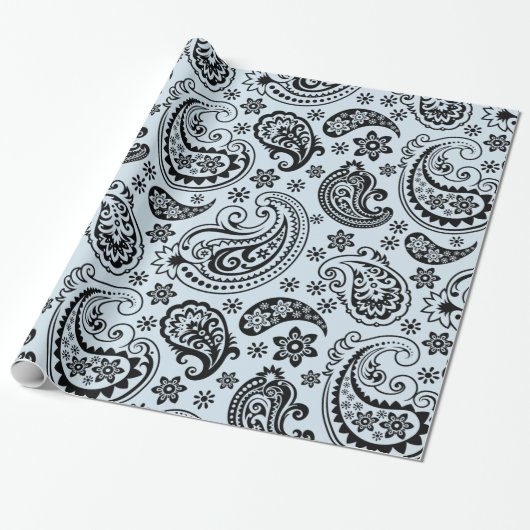 Zwarte  Paisley Light Blue-achtergrond Cadeaupapier (Uitgerold)