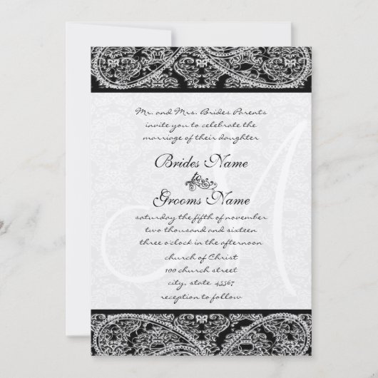 Zwarte Paisley Monogram Damast Trouwuitnodiging Kaart (Voorkant)