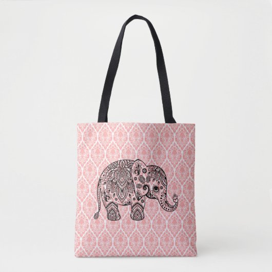 Zwarte Paisley olifant op roze damasks Tote Bag (Voorkant)