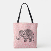 Zwarte Paisley olifant op roze damasks Tote Bag (Achterkant)