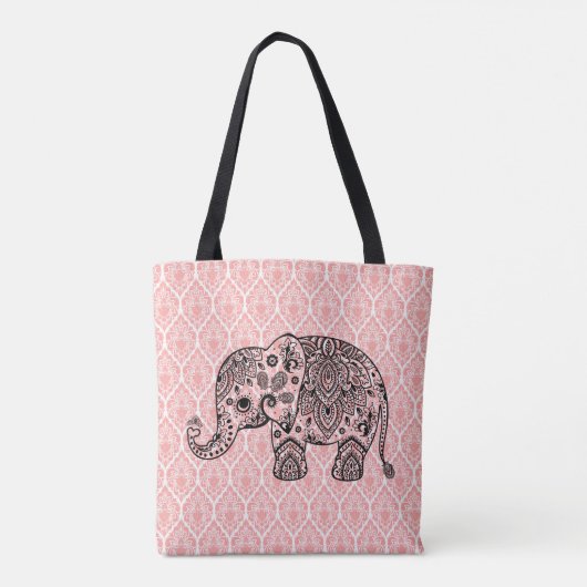 Zwarte Paisley olifant op roze damasks Tote Bag (Achterkant)