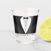 Zwarte pak & vlinderdas echtgenoot bruidegom menee shot glas (Voorkant)