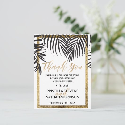 Zwarte Palm Tree Frond Gold Border Modern Dank u Briefkaart (Staand voorkant)