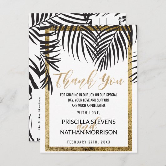Zwarte Palm Tree Frond Gold Border Modern Dank u Briefkaart (Voorkant / Achterkant)