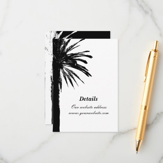 Zwarte palmbladeren verticale strand bruiloft informatiekaartje (Voorkant / Achterkant in situ)