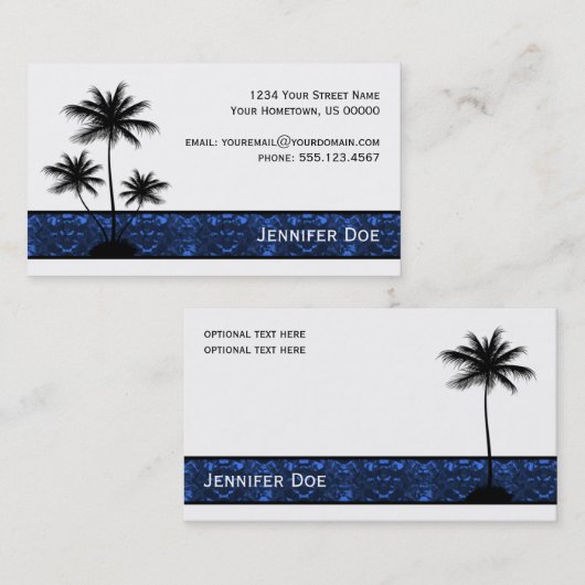 Zwarte palmbomen, zilhouet met blauwe juwelen visitekaartje (Voorkant / Achterkant)