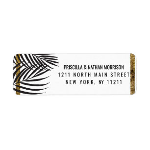 Zwarte palmboom fronds gouden rand modern adres etiket