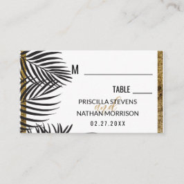 Zwarte palmboom fronds gouden rand moderne bruilof plaatskaartje