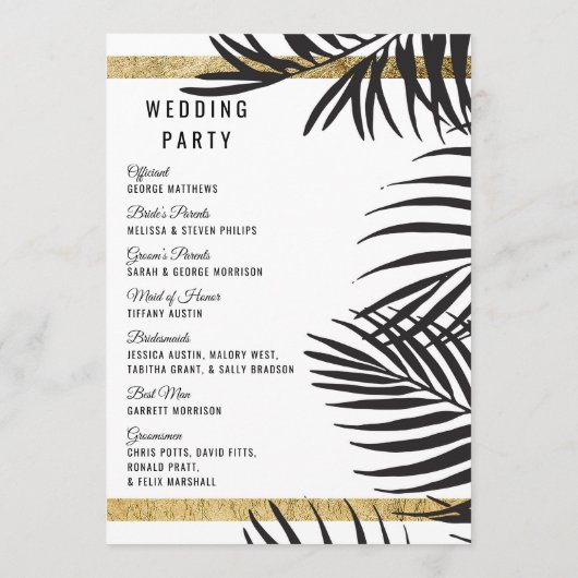 Zwarte palmboom fronds gouden rand moderne bruilof programmakaart (Achterkant)