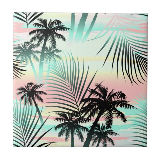 Zwarte palmen bij zonsondergang tegeltje (Voorkant)