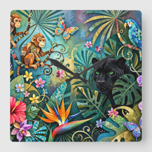 Zwarte Panter Afrika Opgewekte Collage Stijl Jungl Vierkante Klok