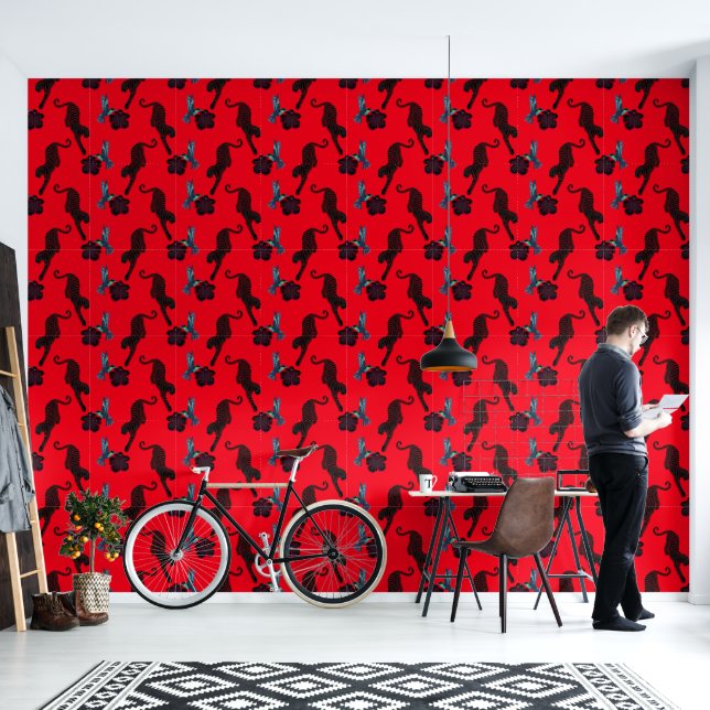 Zwarte panter Bloem vogels Maximalistische behangp Behang (Woonkamer)