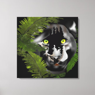 Zwarte panter die door het gebladerte kijkt canvas afdruk