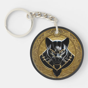Zwarte Panter Icoon Met Gouden Geometrische Achter Sleutelhanger