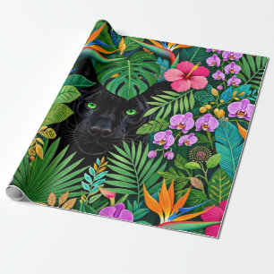Zwarte Panter Jungle Bloemen & Tropisch Lofwerk Cadeaupapier