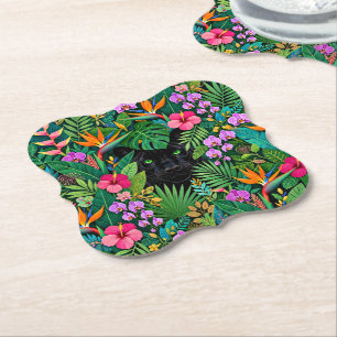 Zwarte Panter Jungle Bloemen & Tropisch Lofwerk Kartonnen Onderzetters